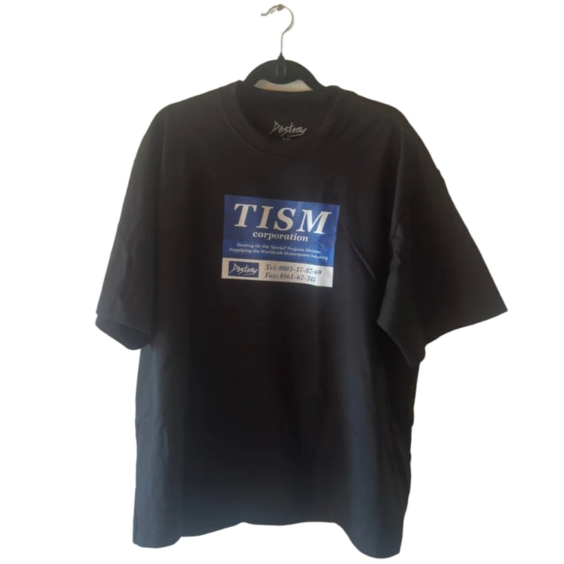 A black short-sleeve t-shirt hanging on a black hanger against a white wall. The shirt features a graphic print on the chest resembling a blue and white 'TISM corporation' logo patch.