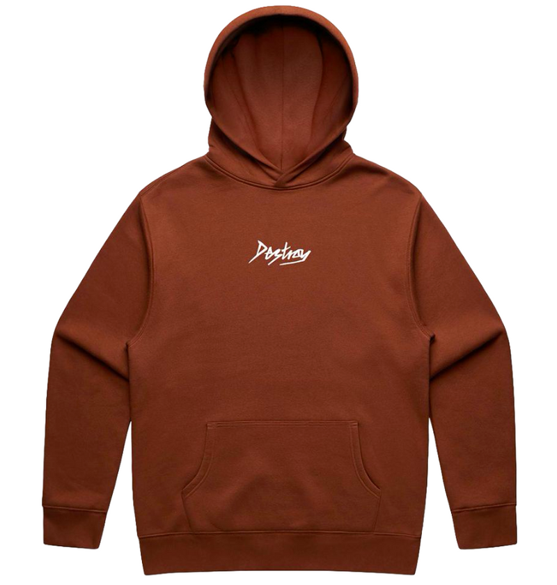 Clay colour hoodie with a Destroy logo on the chest 