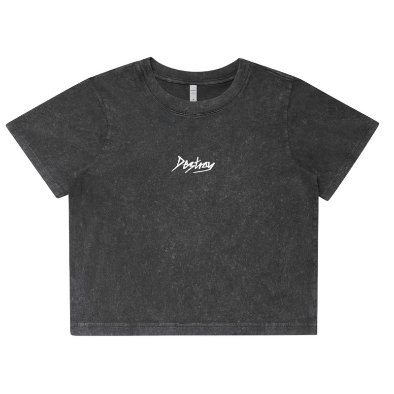 Black stone wash cropped t-shirt with 'Destroy' logo embroidered in centre