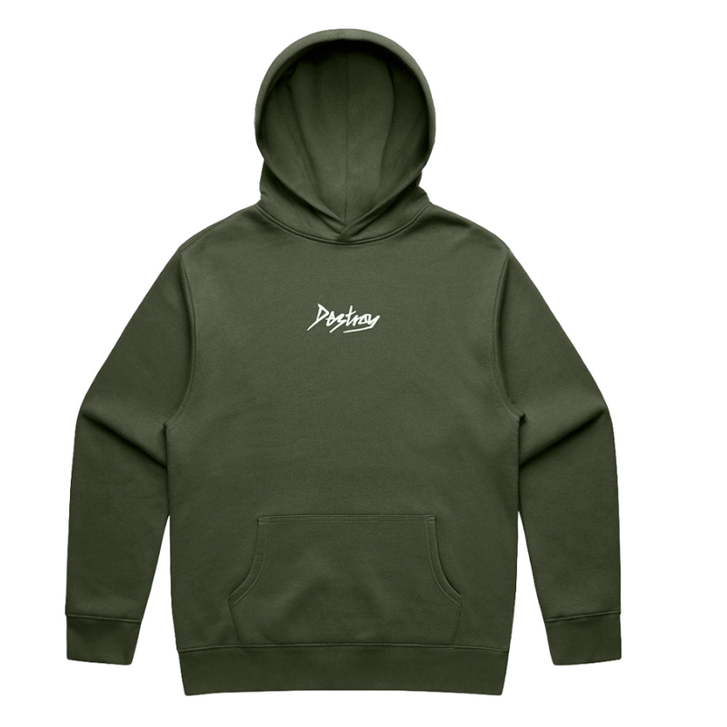 Dark green hoodie with white Destroy logo embroidered in centre