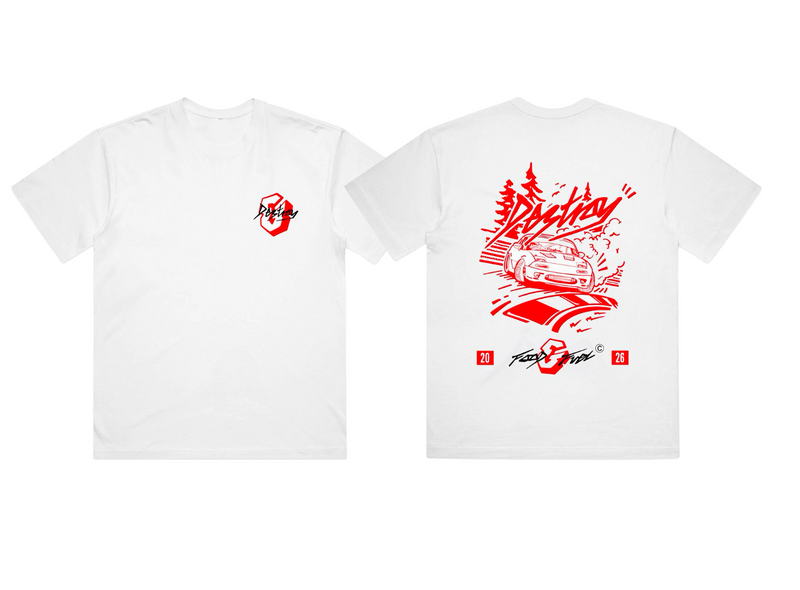 White t-shirt with red graphic design of an mx5 drifting. Destroy or Die x Food&Fuel collaboration branded.