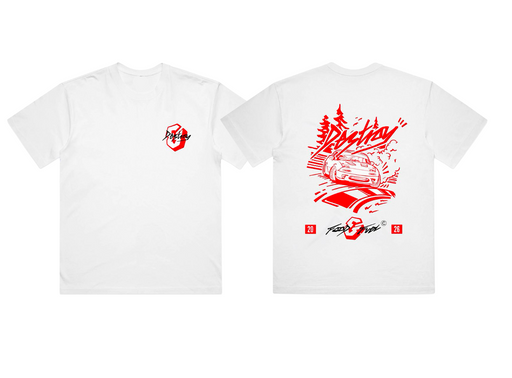 White t-shirt with red graphic design of an mx5 drifting. Destroy or Die x Food&Fuel collaboration branded.