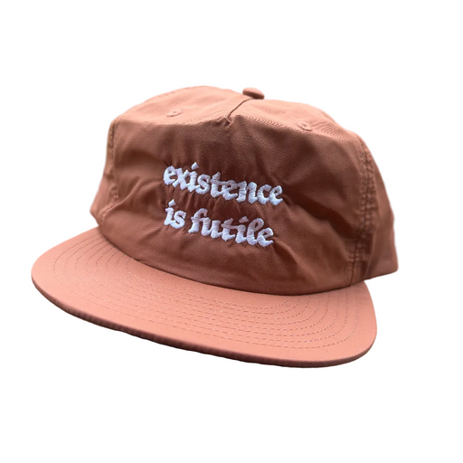 Clay coloured five panel cap/hat with white embroidered text saying 'existence is futile'