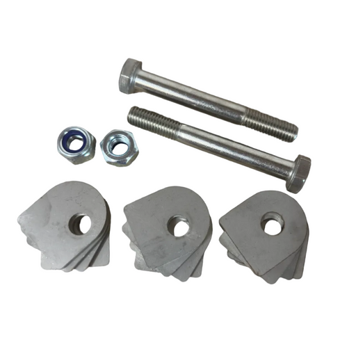 A set of metal hardware components including two long hex-head bolts, two nuts, and curved metal plates.