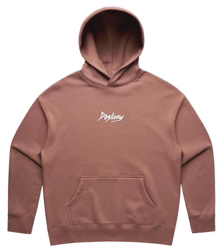 Hazy pink hoodie with a Destroy logo on a white background