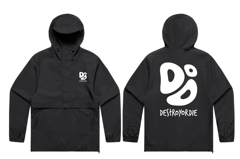 Black hooded jacket with 'Destroy or Die' logo on front and back, on a white background.