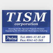 TISM corporation logo with contact information on a blue background