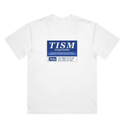 White t-shirt with a blue and white TISM Corporation logo and text